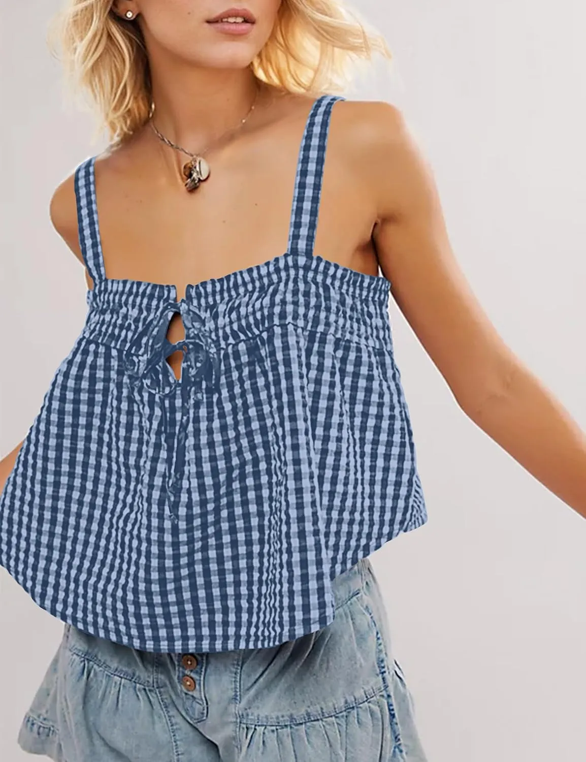 Women Plaid Cropped Camisole Tops Ruched Tie Front Square Neck Backless Loose Cute Crop Cami Tank Adjustable Top