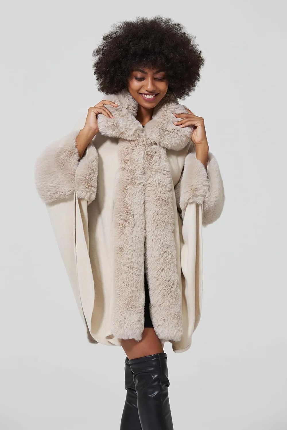 Women Poncho Cape Shawl Wrap Open Front Winter Faux Fur Trim Coat With Hooks Cardigan Dressy Cloak Tops