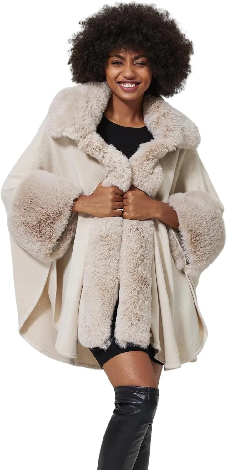 Women Poncho Cape Shawl Wrap Open Front Winter Faux Fur Trim Coat With Hooks Cardigan Dressy Cloak Tops