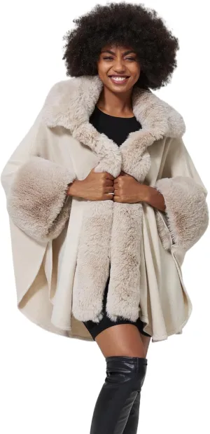 Women Poncho Cape Shawl Wrap Open Front Winter Faux Fur Trim Coat With Hooks Cardigan Dressy Cloak Tops
