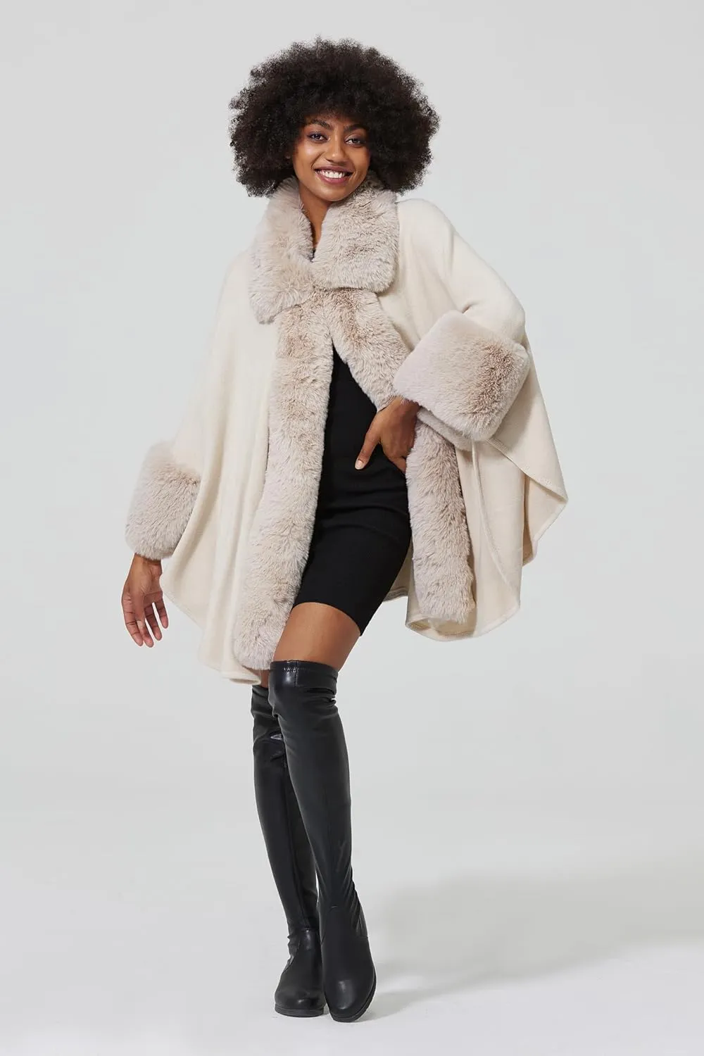 Women Poncho Cape Shawl Wrap Open Front Winter Faux Fur Trim Coat With Hooks Cardigan Dressy Cloak Tops