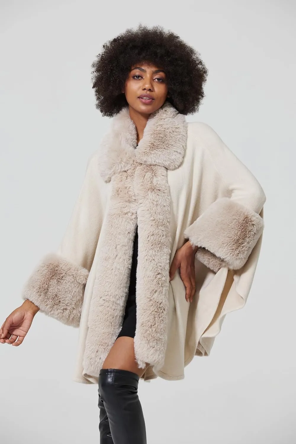 Women Poncho Cape Shawl Wrap Open Front Winter Faux Fur Trim Coat With Hooks Cardigan Dressy Cloak Tops
