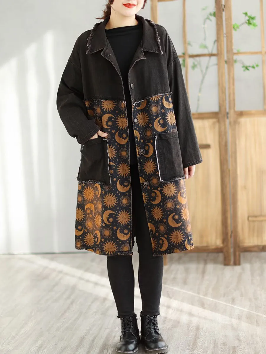 Women Spring Casual Spliced Plaid Pocket Denim Coat