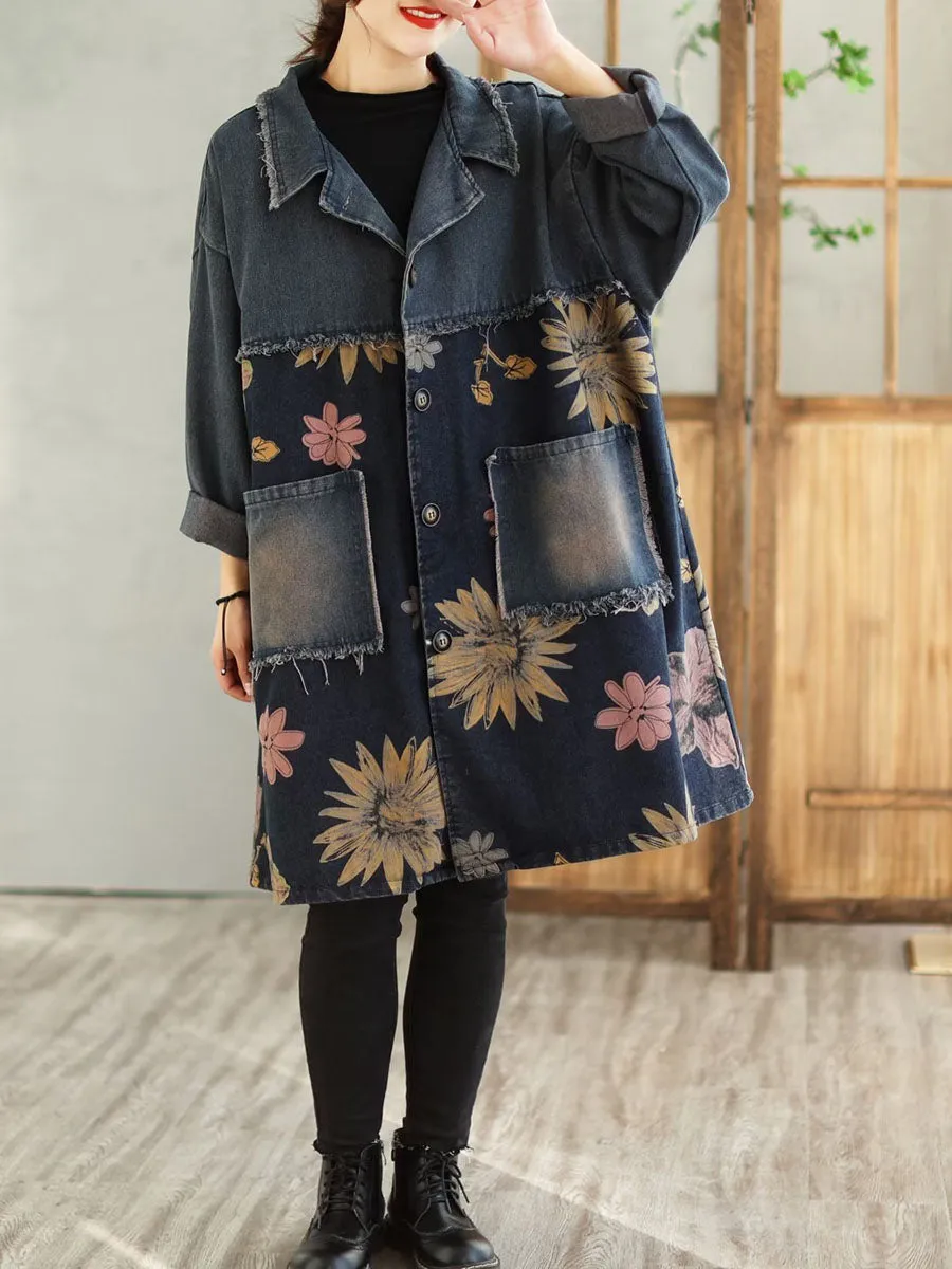 Women Spring Casual Spliced Plaid Pocket Denim Coat