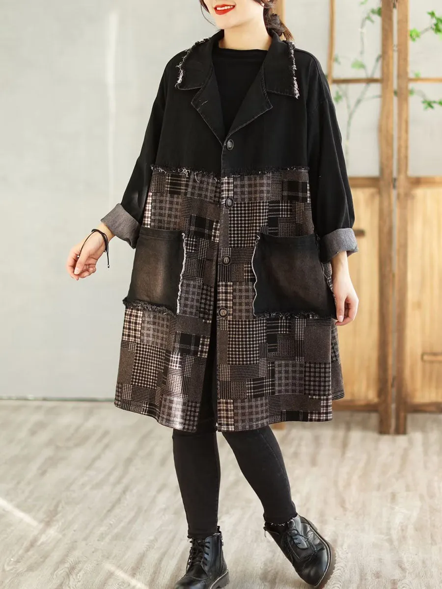 Women Spring Casual Spliced Plaid Pocket Denim Coat