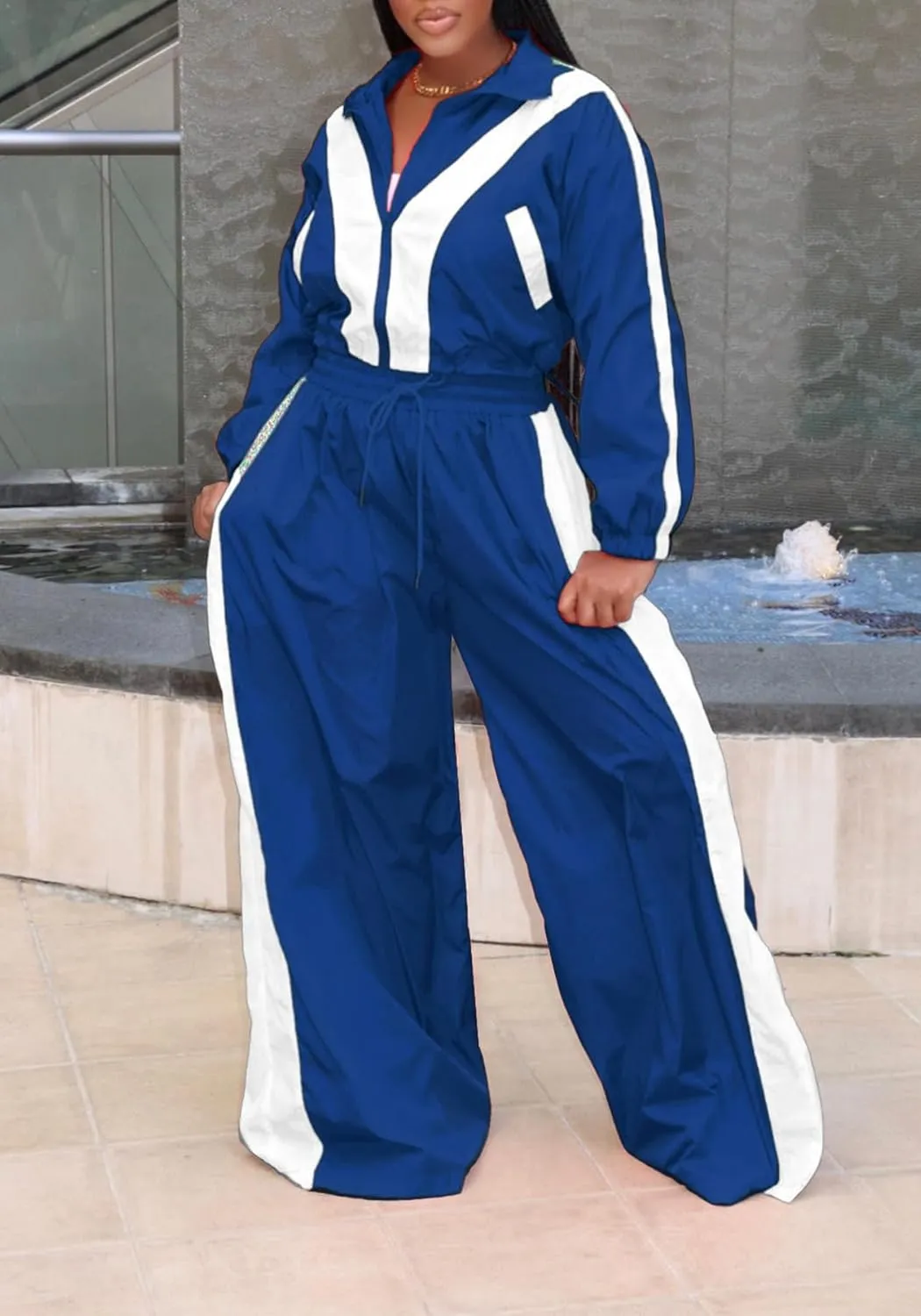 Women Sweatsuits 2 Piece Outfit Color Block Crop Zipper Tops & Elastic Waist Wide Leg Pants Sets Streetwear Tracksuit