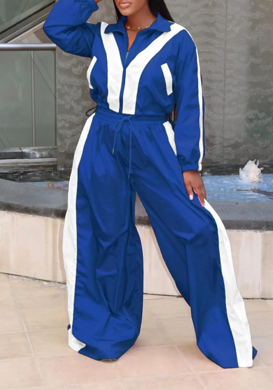 Women Sweatsuits 2 Piece Outfit Color Block Crop Zipper Tops & Elastic Waist Wide Leg Pants Sets Streetwear Tracksuit