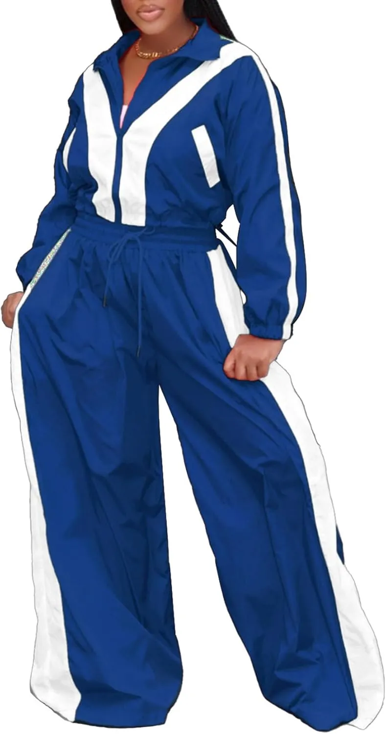 Women Sweatsuits 2 Piece Outfit Color Block Crop Zipper Tops & Elastic Waist Wide Leg Pants Sets Streetwear Tracksuit