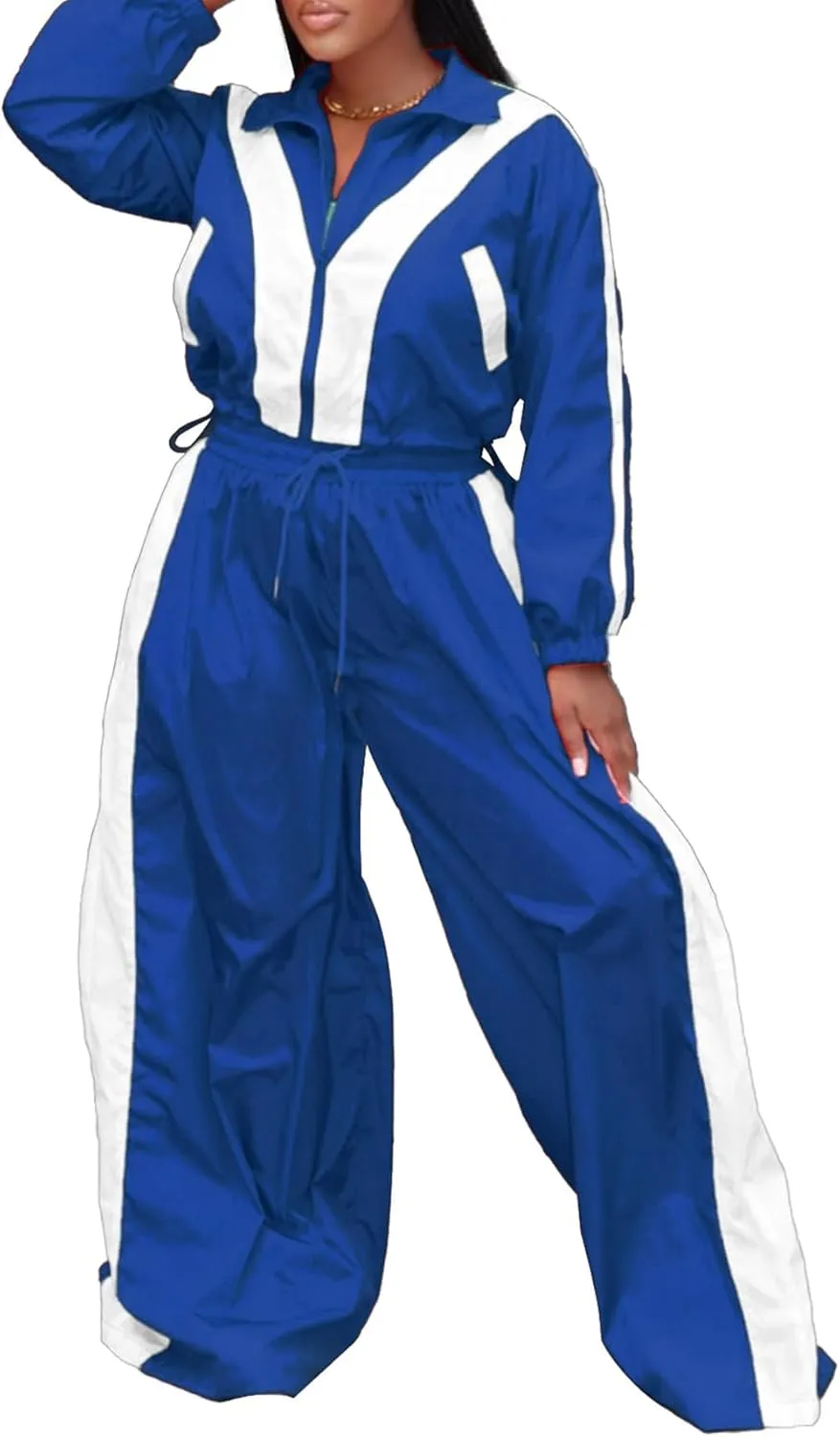 Women Sweatsuits 2 Piece Outfit Color Block Crop Zipper Tops & Elastic Waist Wide Leg Pants Sets Streetwear Tracksuit