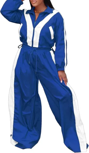 Women Sweatsuits 2 Piece Outfit Color Block Crop Zipper Tops & Elastic Waist Wide Leg Pants Sets Streetwear Tracksuit