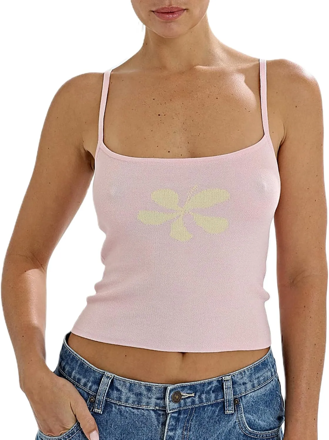 Women Y2K Floral Print Cami Tops Spaghetti Strap Sleeveless Knit Cropped Tank Top Summer Aesthetic Slim Fit Camisole