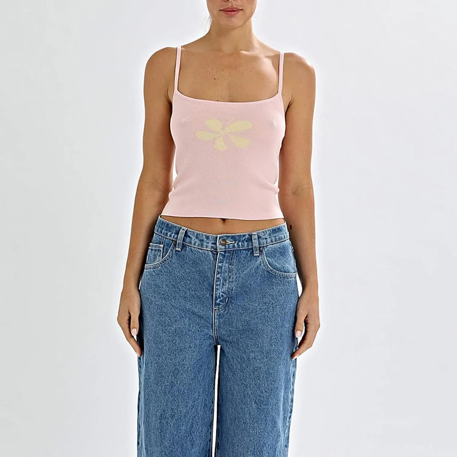 Women Y2K Floral Print Cami Tops Spaghetti Strap Sleeveless Knit Cropped Tank Top Summer Aesthetic Slim Fit Camisole