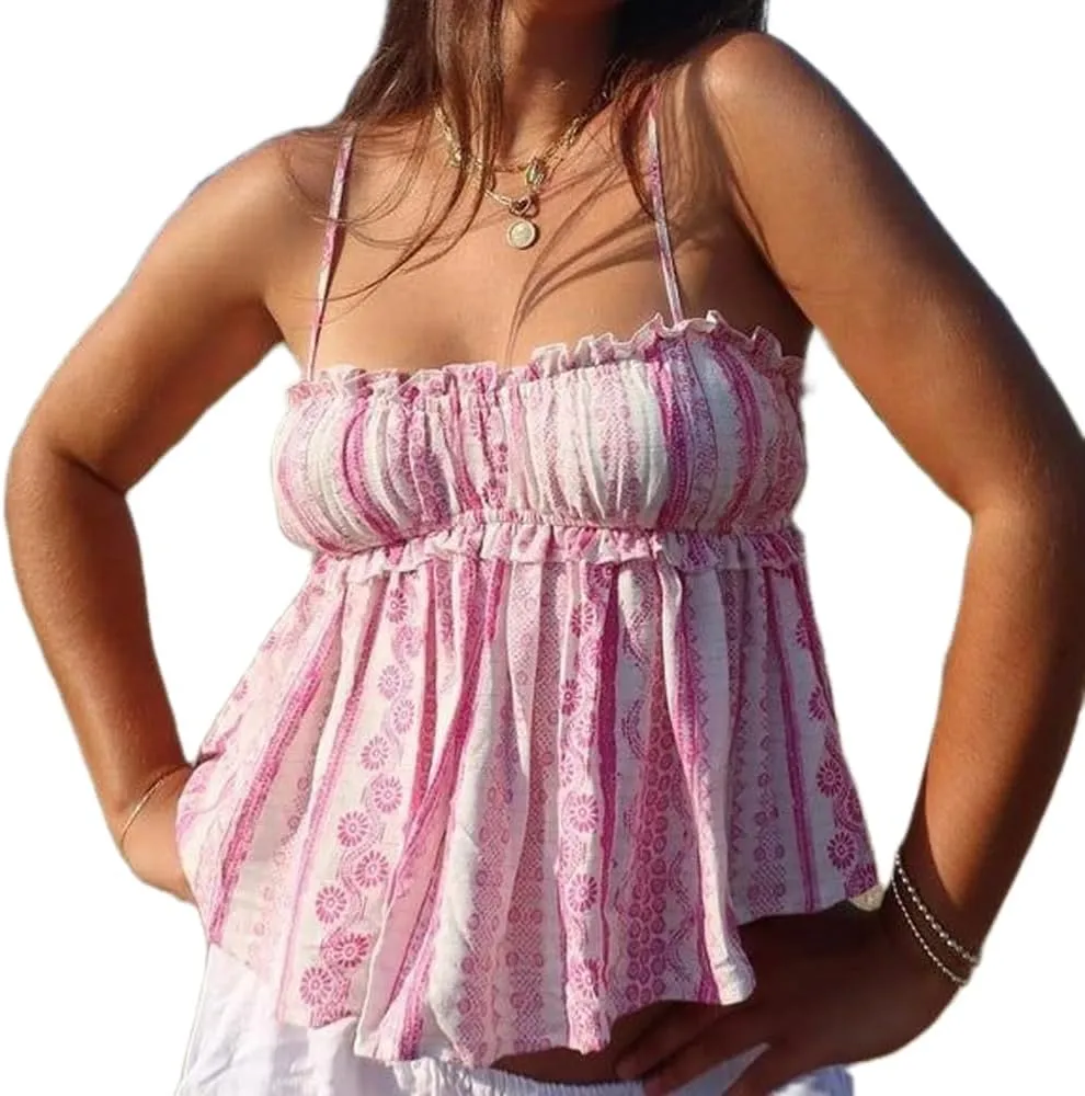 Women Y2k Peplum Tank Top Boho Beach Spaghetti Strap Camisole Aesthetic Frill Trim Sleeveless Babydoll Crop Tops