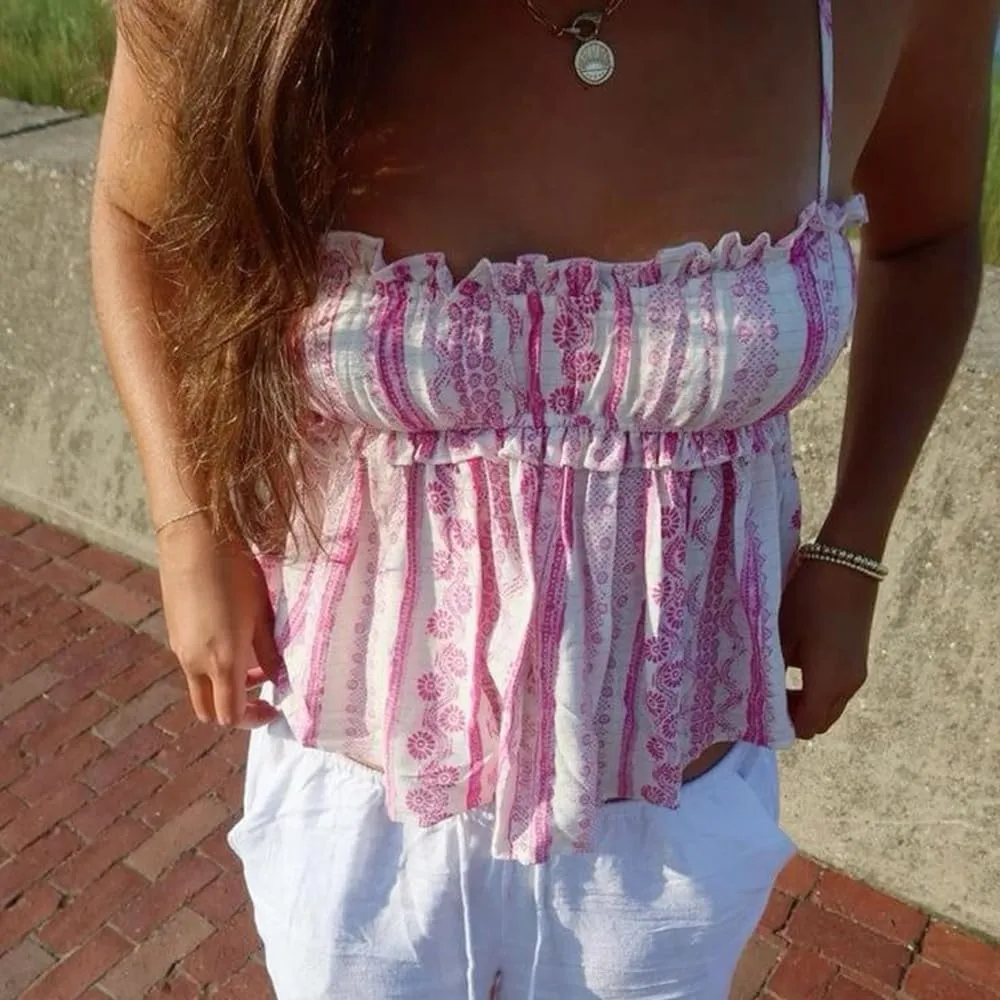 Women Y2k Peplum Tank Top Boho Beach Spaghetti Strap Camisole Aesthetic Frill Trim Sleeveless Babydoll Crop Tops