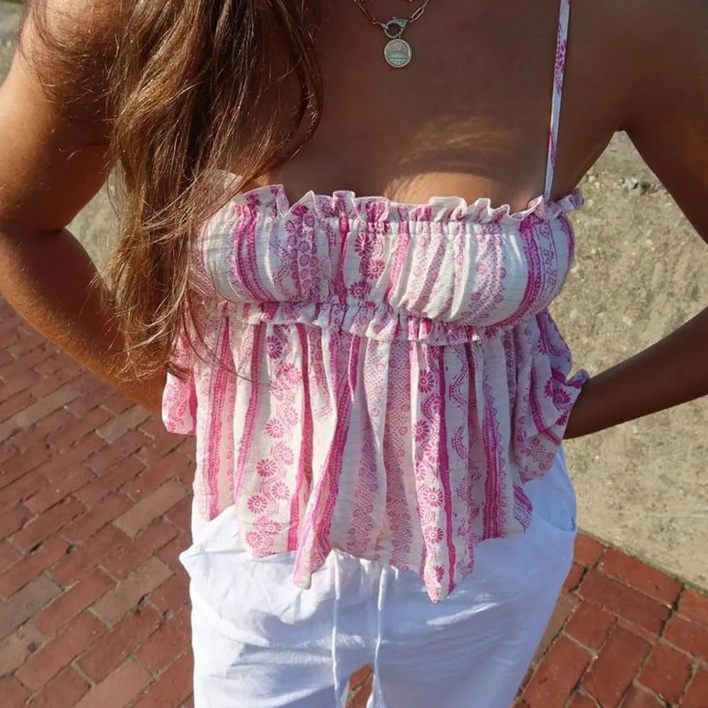Women Y2k Peplum Tank Top Boho Beach Spaghetti Strap Camisole Aesthetic Frill Trim Sleeveless Babydoll Crop Tops