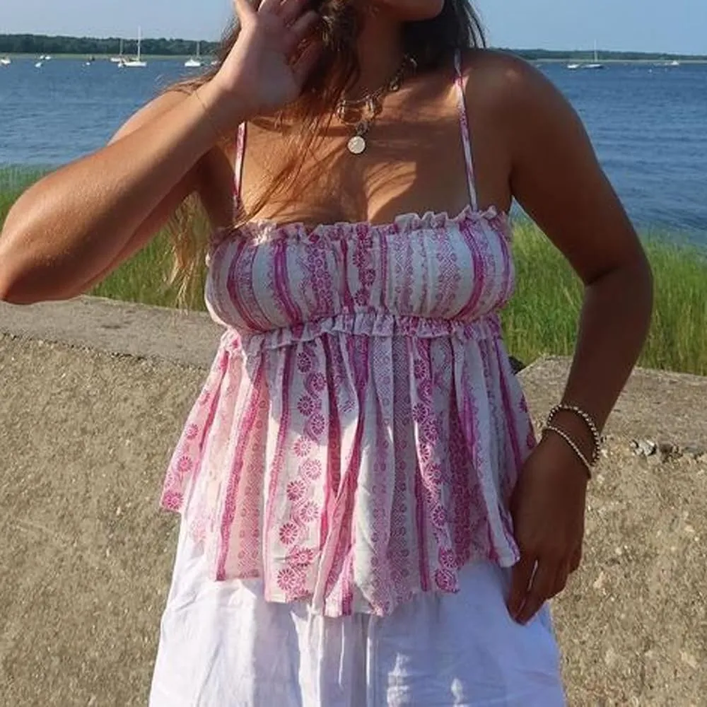 Women Y2k Peplum Tank Top Boho Beach Spaghetti Strap Camisole Aesthetic Frill Trim Sleeveless Babydoll Crop Tops