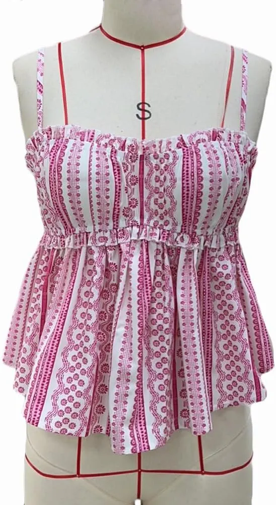 Women Y2k Peplum Tank Top Boho Beach Spaghetti Strap Camisole Aesthetic Frill Trim Sleeveless Babydoll Crop Tops