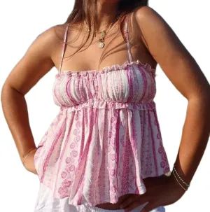 Women Y2k Peplum Tank Top Boho Beach Spaghetti Strap Camisole Aesthetic Frill Trim Sleeveless Babydoll Crop Tops