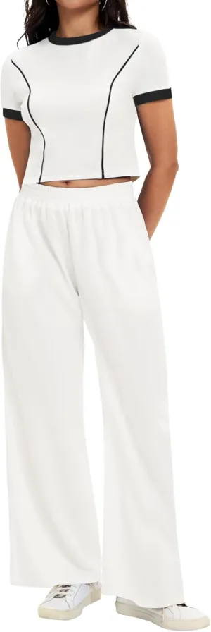 Womens 2 Piece Sets Summer Outfits Short Sleeve Crop Tops Wide Leg Pants Tracksuit Sets Matching Sweatsuit