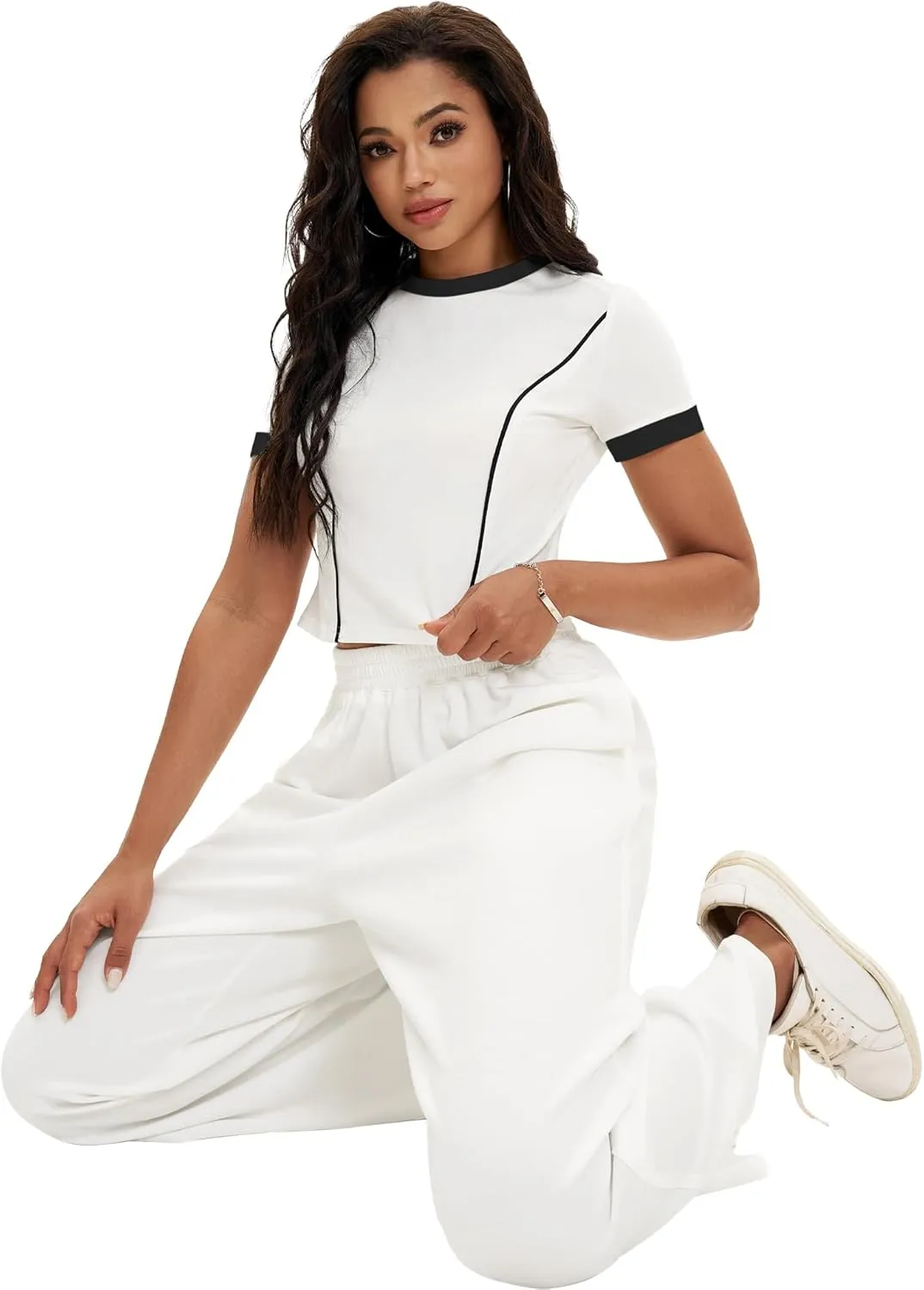 Womens 2 Piece Sets Summer Outfits Short Sleeve Crop Tops Wide Leg Pants Tracksuit Sets Matching Sweatsuit