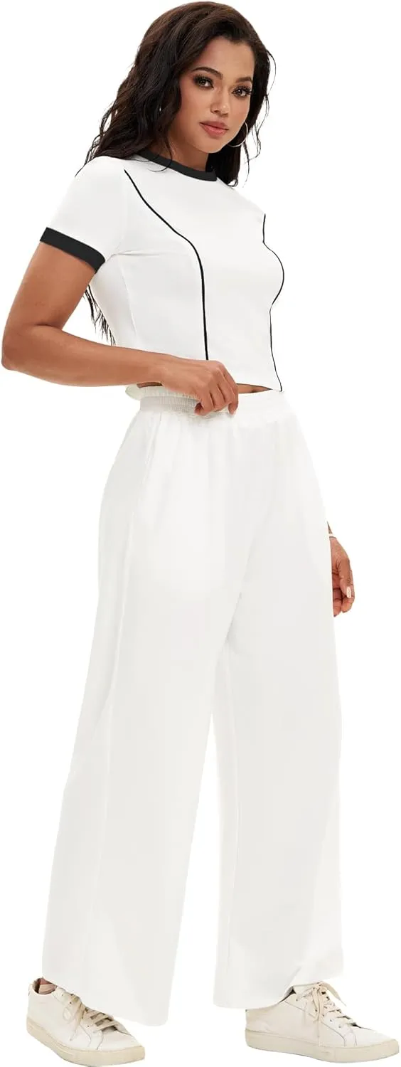 Womens 2 Piece Sets Summer Outfits Short Sleeve Crop Tops Wide Leg Pants Tracksuit Sets Matching Sweatsuit