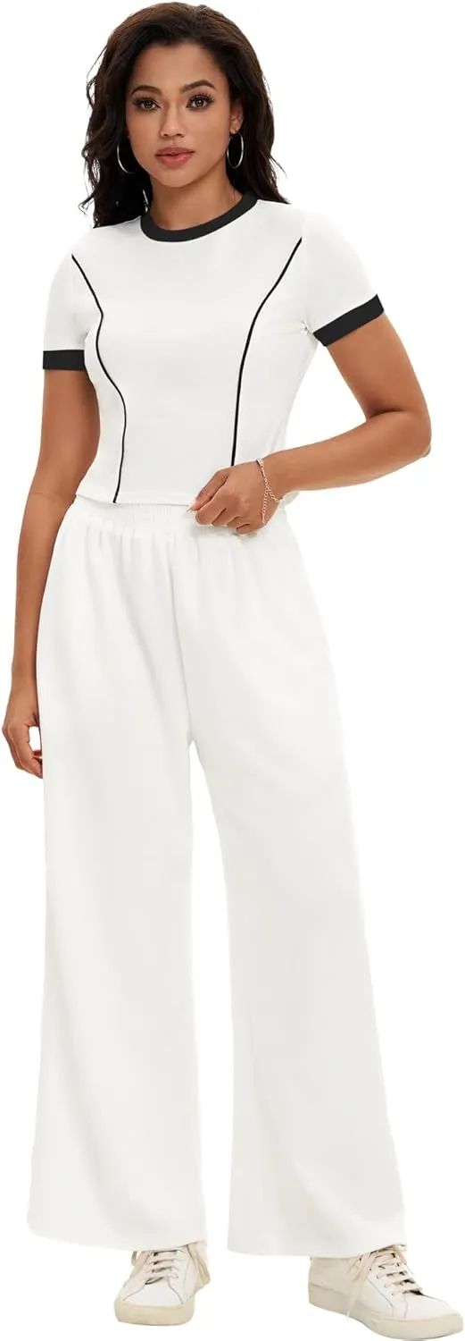 Womens 2 Piece Sets Summer Outfits Short Sleeve Crop Tops Wide Leg Pants Tracksuit Sets Matching Sweatsuit