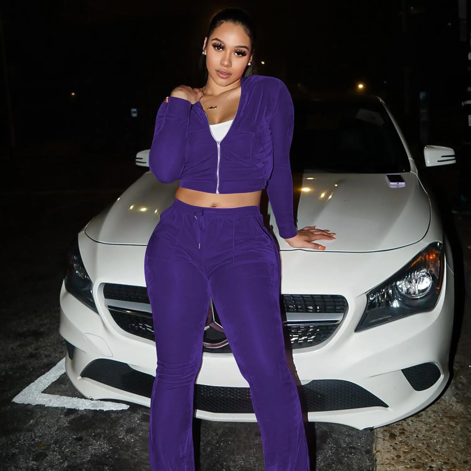Womens 2 Piece Velour Tracksuit Two Piece Outfits for Women, Long Sleeve Crop Tops Flared Pants Jogging Sets