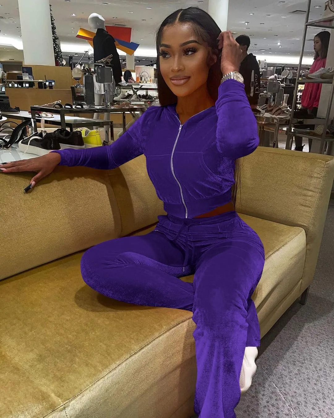 Womens 2 Piece Velour Tracksuit Two Piece Outfits for Women, Long Sleeve Crop Tops Flared Pants Jogging Sets