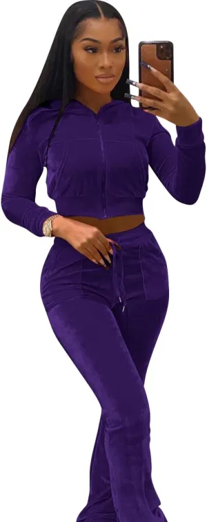 Womens 2 Piece Velour Tracksuit Two Piece Outfits for Women, Long Sleeve Crop Tops Flared Pants Jogging Sets