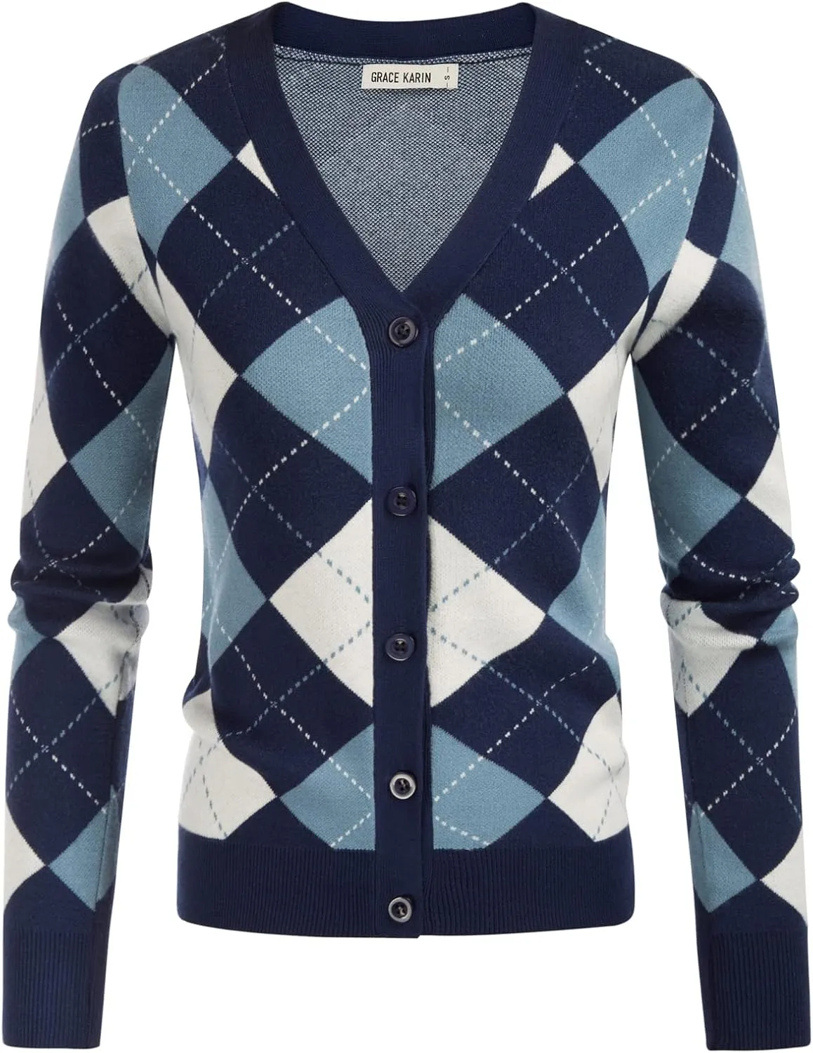 Womens Argyle Preppy Cardigan Sweater Casual V Neck Button Down Knit Cardigan Color Block Shrugs S-2XL