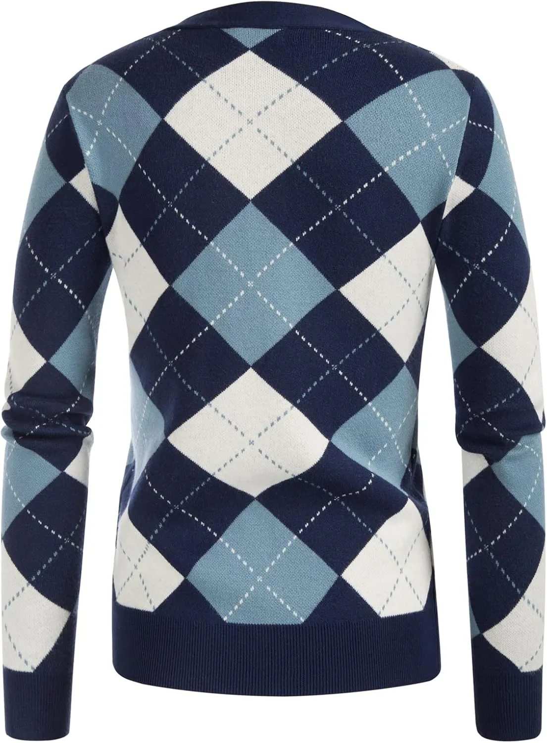 Womens Argyle Preppy Cardigan Sweater Casual V Neck Button Down Knit Cardigan Color Block Shrugs S-2XL