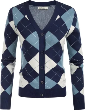Womens Argyle Preppy Cardigan Sweater Casual V Neck Button Down Knit Cardigan Color Block Shrugs S-2XL