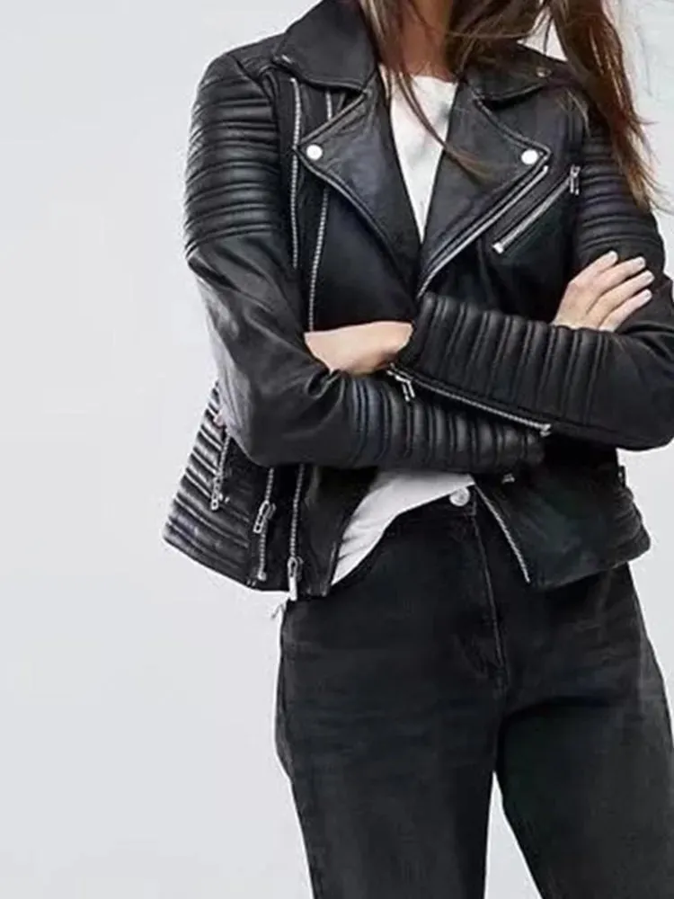 Women's Black Motorcycle Jacket | Zipper & Rivet Details
