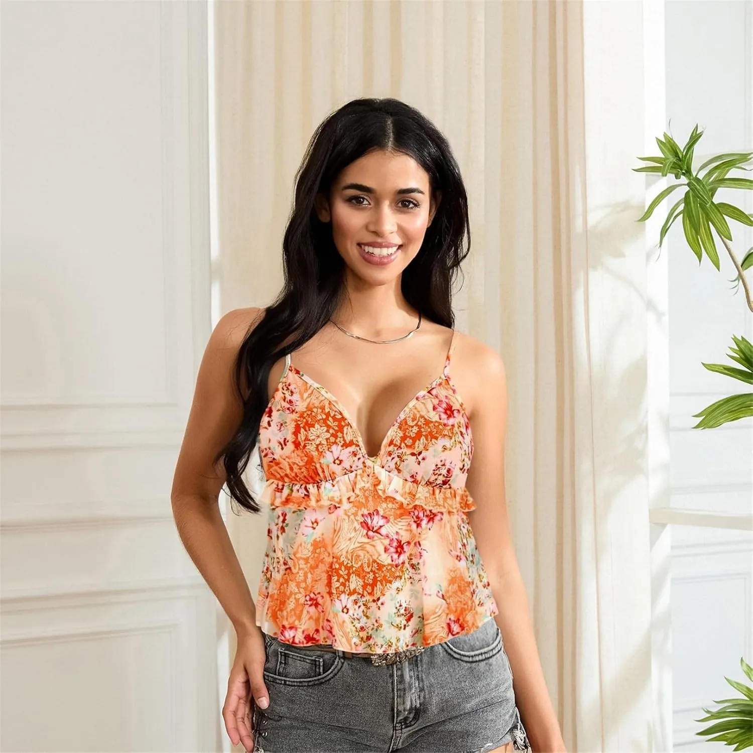 Women's Boho Floral Cami Top Y2K Cute V Neck Low Cut Spaghetti Strap Babydoll Tank Tops Fairycore Ruffle Camisole