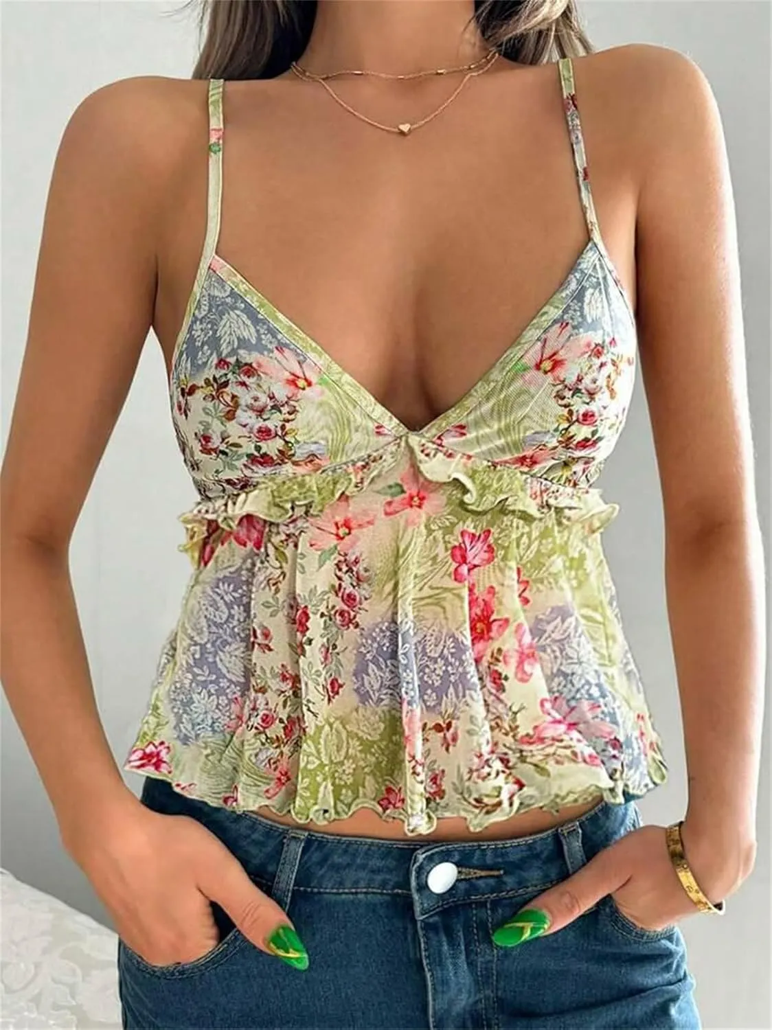Women's Boho Floral Cami Top Y2K Cute V Neck Low Cut Spaghetti Strap Babydoll Tank Tops Fairycore Ruffle Camisole