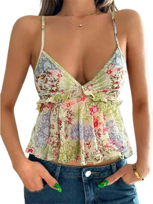 Women's Boho Floral Cami Top Y2K Cute V Neck Low Cut Spaghetti Strap Babydoll Tank Tops Fairycore Ruffle Camisole