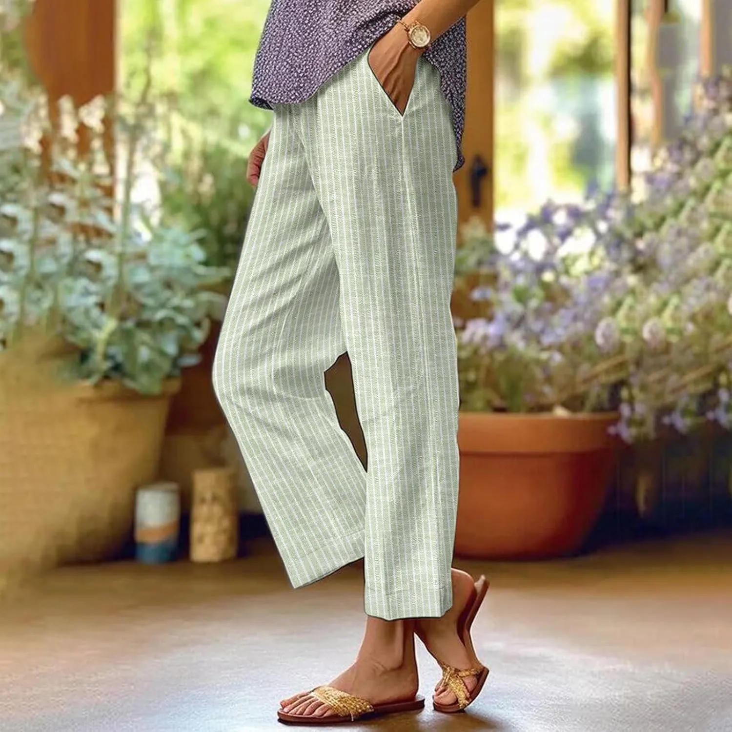 Women's Casual Boho Floral Design Cotton Linen Pant Elastic Waisted Drawstring Summer Beach Baggy Capri with Pockets