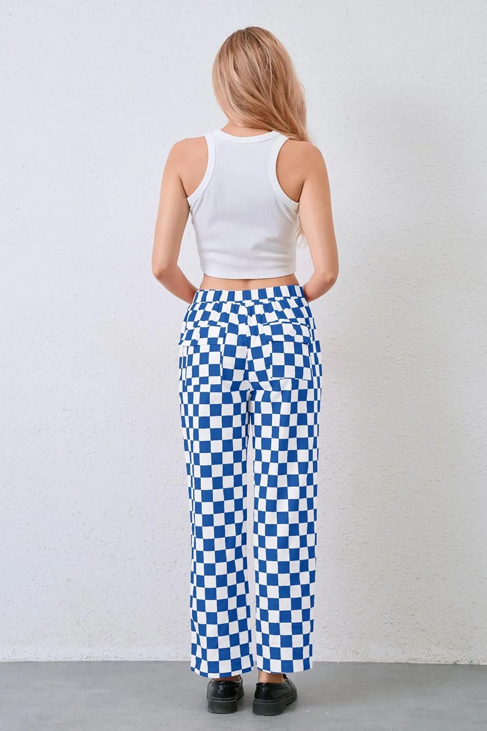 Womens Checkered Pants Zip Off Plaid Gingham Pants Casual Elastic High Waist Straight Leg Jeans with Pockets