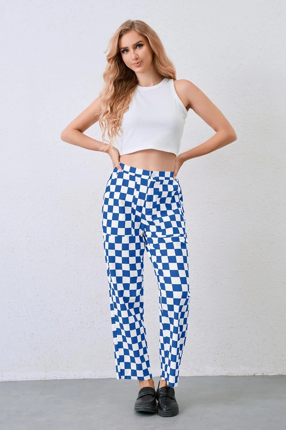 Womens Checkered Pants Zip Off Plaid Gingham Pants Casual Elastic High Waist Straight Leg Jeans with Pockets