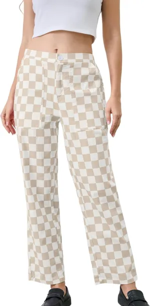 Womens Checkered Pants Zip Off Plaid Gingham Pants Casual Elastic High Waist Straight Leg Jeans with Pockets