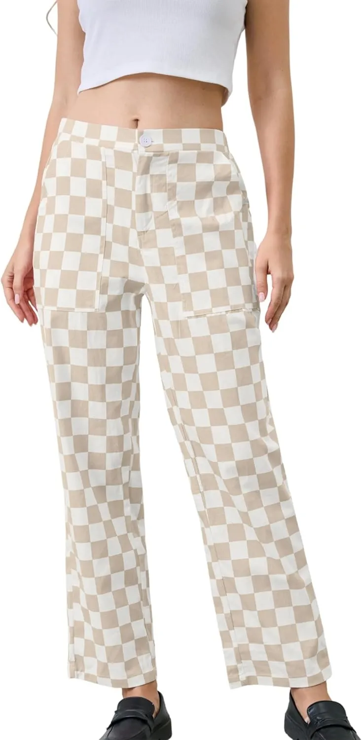Womens Checkered Pants Zip Off Plaid Gingham Pants Casual Elastic High Waist Straight Leg Jeans with Pockets