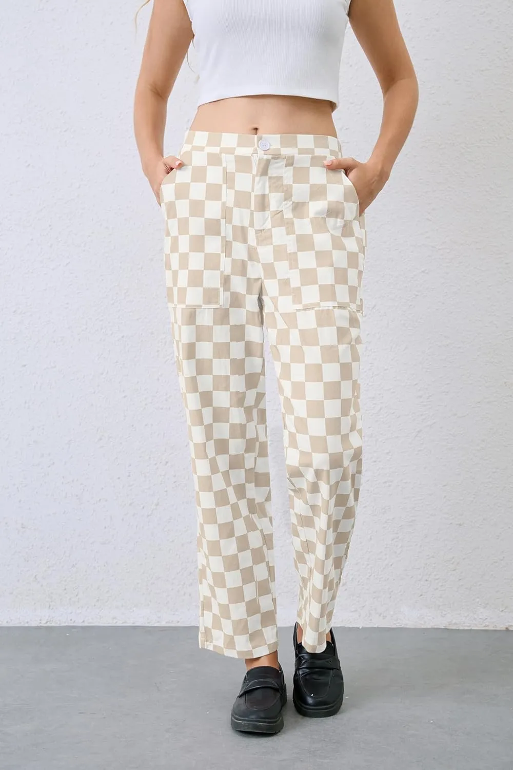 Womens Checkered Pants Zip Off Plaid Gingham Pants Casual Elastic High Waist Straight Leg Jeans with Pockets