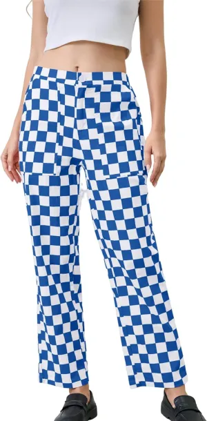 Womens Checkered Pants Zip Off Plaid Gingham Pants Casual Elastic High Waist Straight Leg Jeans with Pockets