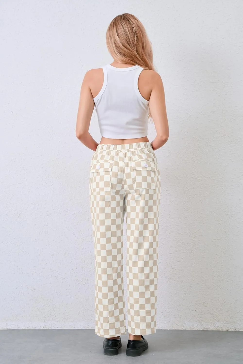 Womens Checkered Pants Zip Off Plaid Gingham Pants Casual Elastic High Waist Straight Leg Jeans with Pockets