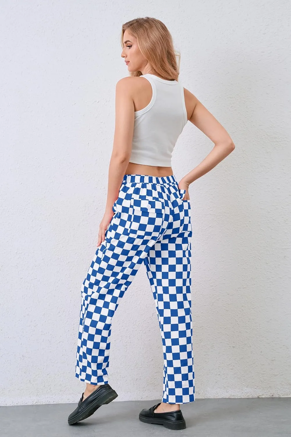 Womens Checkered Pants Zip Off Plaid Gingham Pants Casual Elastic High Waist Straight Leg Jeans with Pockets