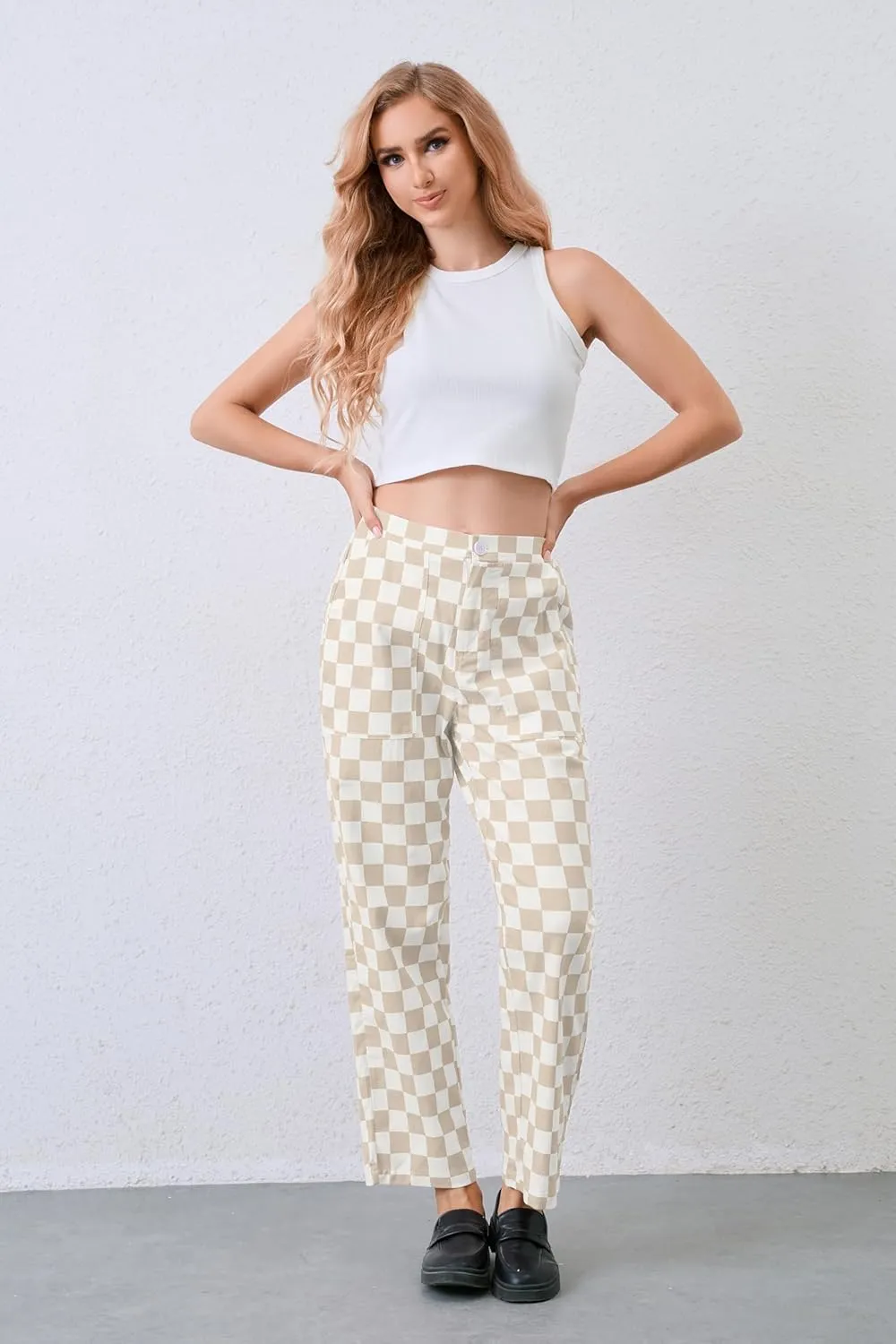 Womens Checkered Pants Zip Off Plaid Gingham Pants Casual Elastic High Waist Straight Leg Jeans with Pockets