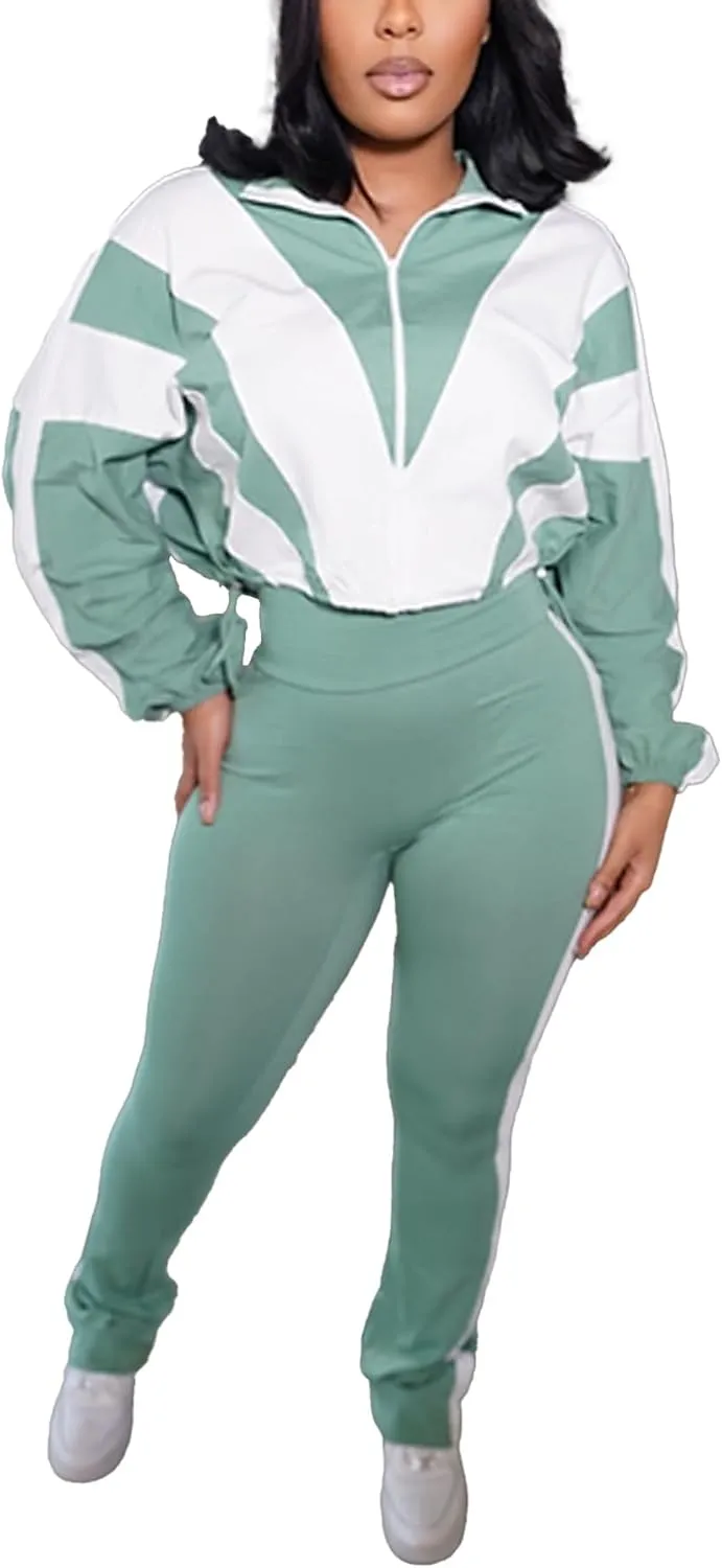 Women's Color Block 2 Piece 80s 90s Outfits Sweatshirt Zip Up Jacket and Bodycon Pants Tracksuit Sets