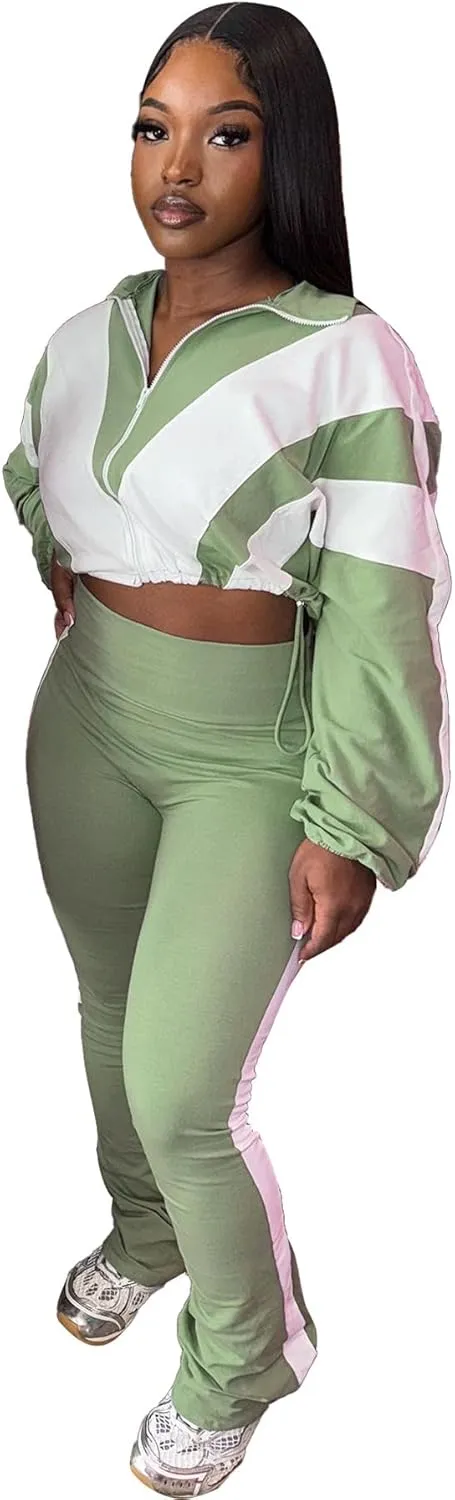 Women's Color Block 2 Piece 80s 90s Outfits Sweatshirt Zip Up Jacket and Bodycon Pants Tracksuit Sets