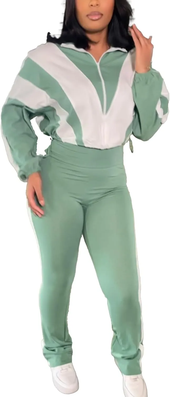 Women's Color Block 2 Piece 80s 90s Outfits Sweatshirt Zip Up Jacket and Bodycon Pants Tracksuit Sets