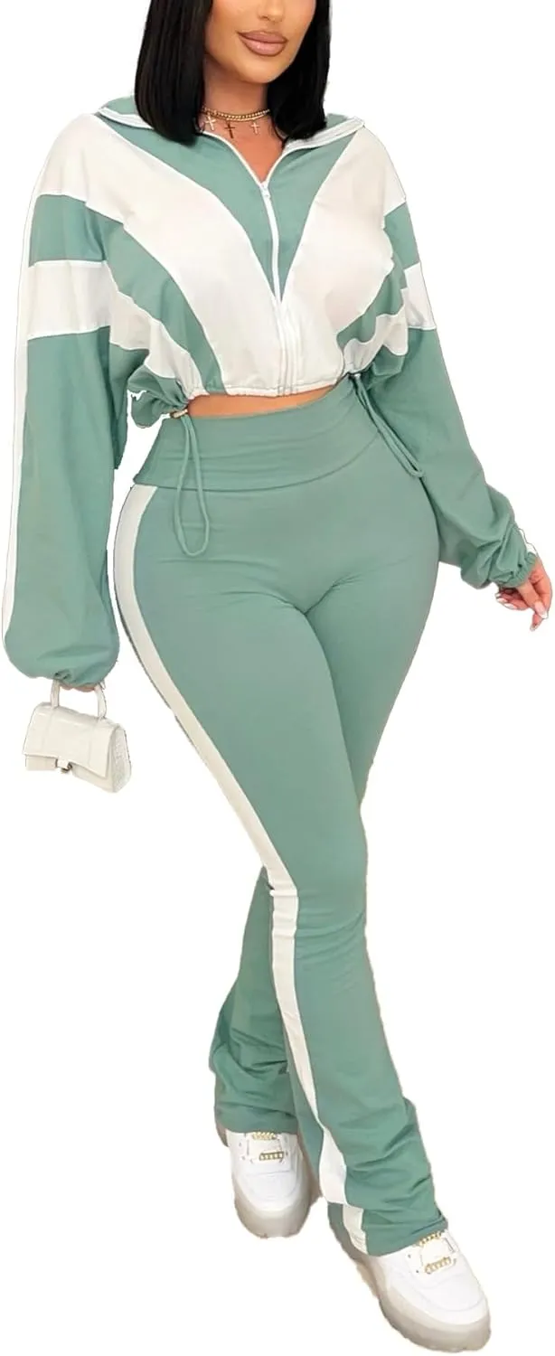 Women's Color Block 2 Piece 80s 90s Outfits Sweatshirt Zip Up Jacket and Bodycon Pants Tracksuit Sets